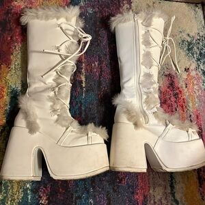 Demonia White Fur-Accented Platform Boots
